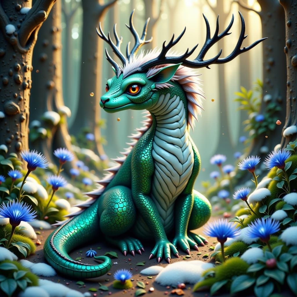 Dragon-Cat Hybrid with Jade Scales in Winter Forest