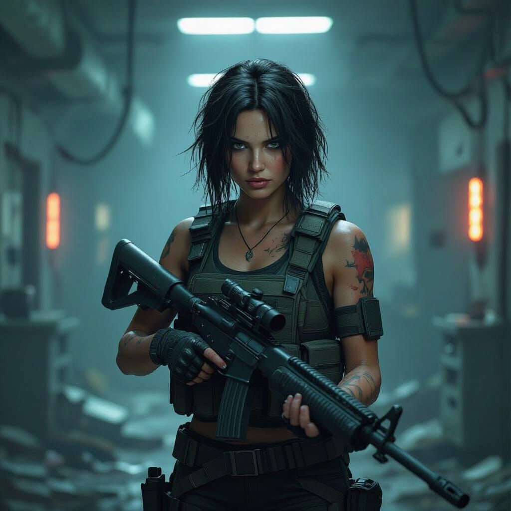 Survivor Woman with Shotgun in Abandoned Lab