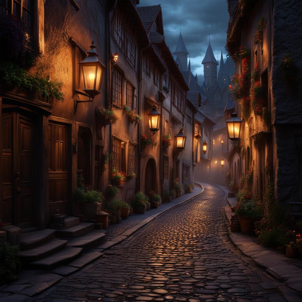 Medieval Street Lit by Candlelight and Gas Lamps
