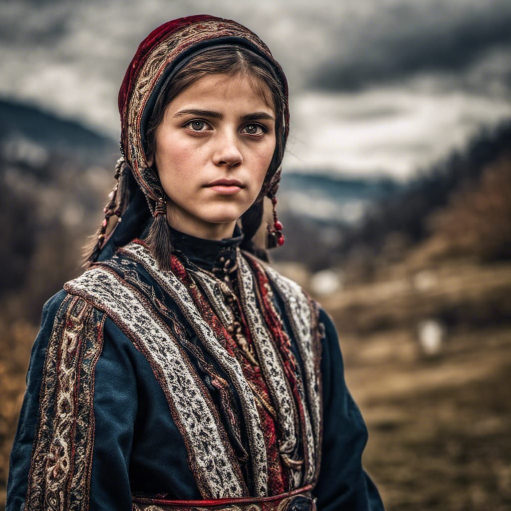 Kosovar Girl in Traditional Dress: Hyperrealistic Portrait