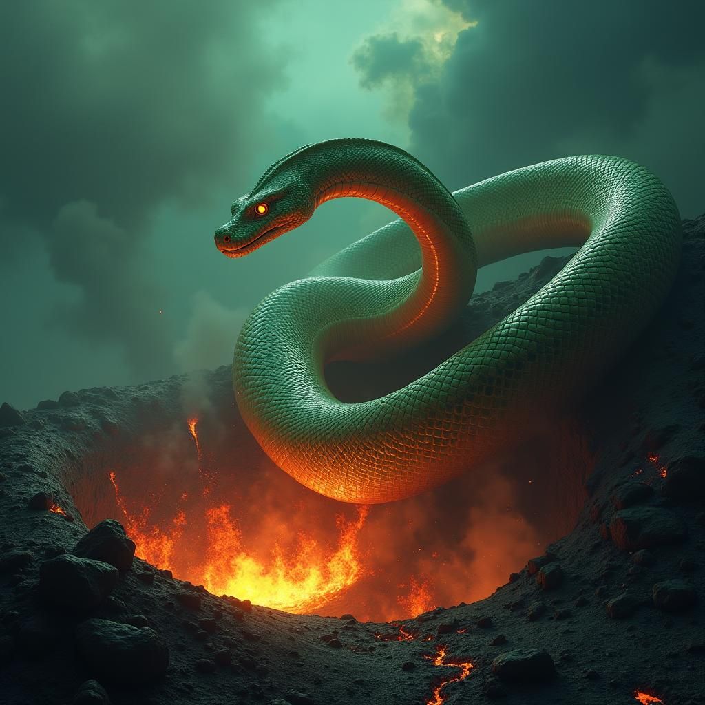 Massive Serpent Ascends Fiery Volcano