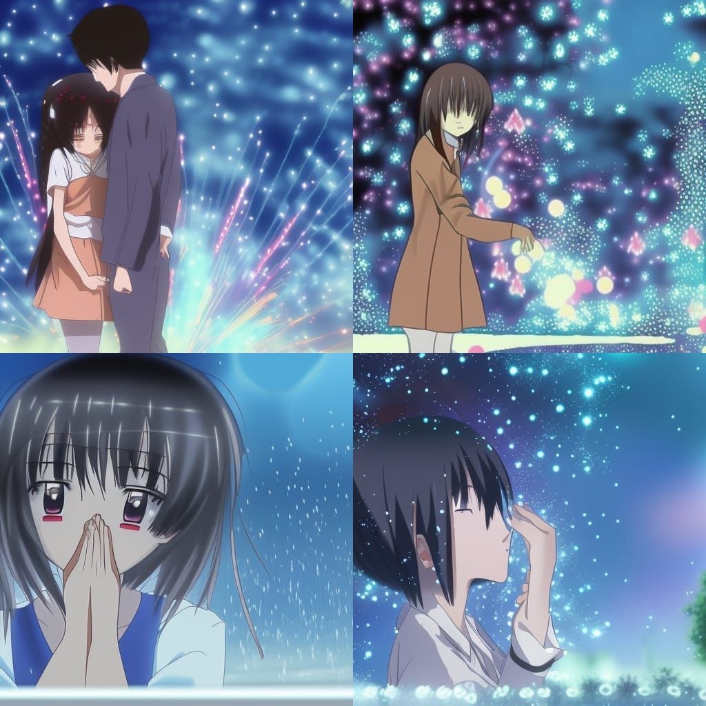 Anime Sad Love Scene with New Year Fireworks