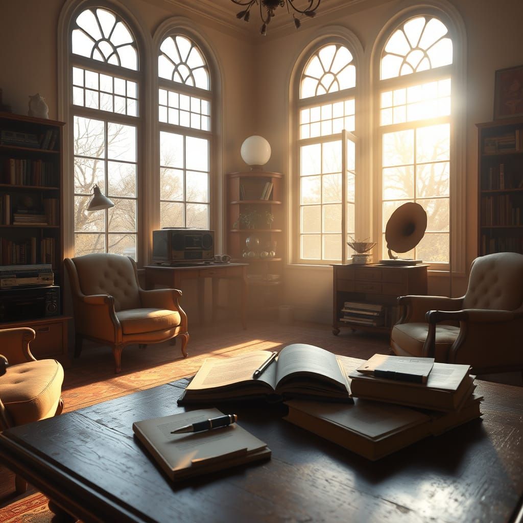 Warm Living Room with Golden Sunlight and Vintage Charm