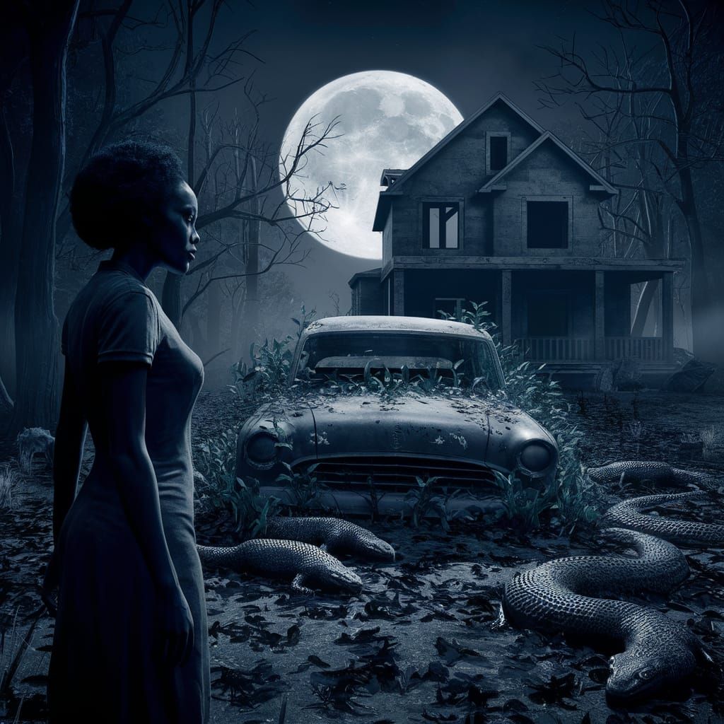 Black Woman Gazes at Haunted House in Eerie Forest