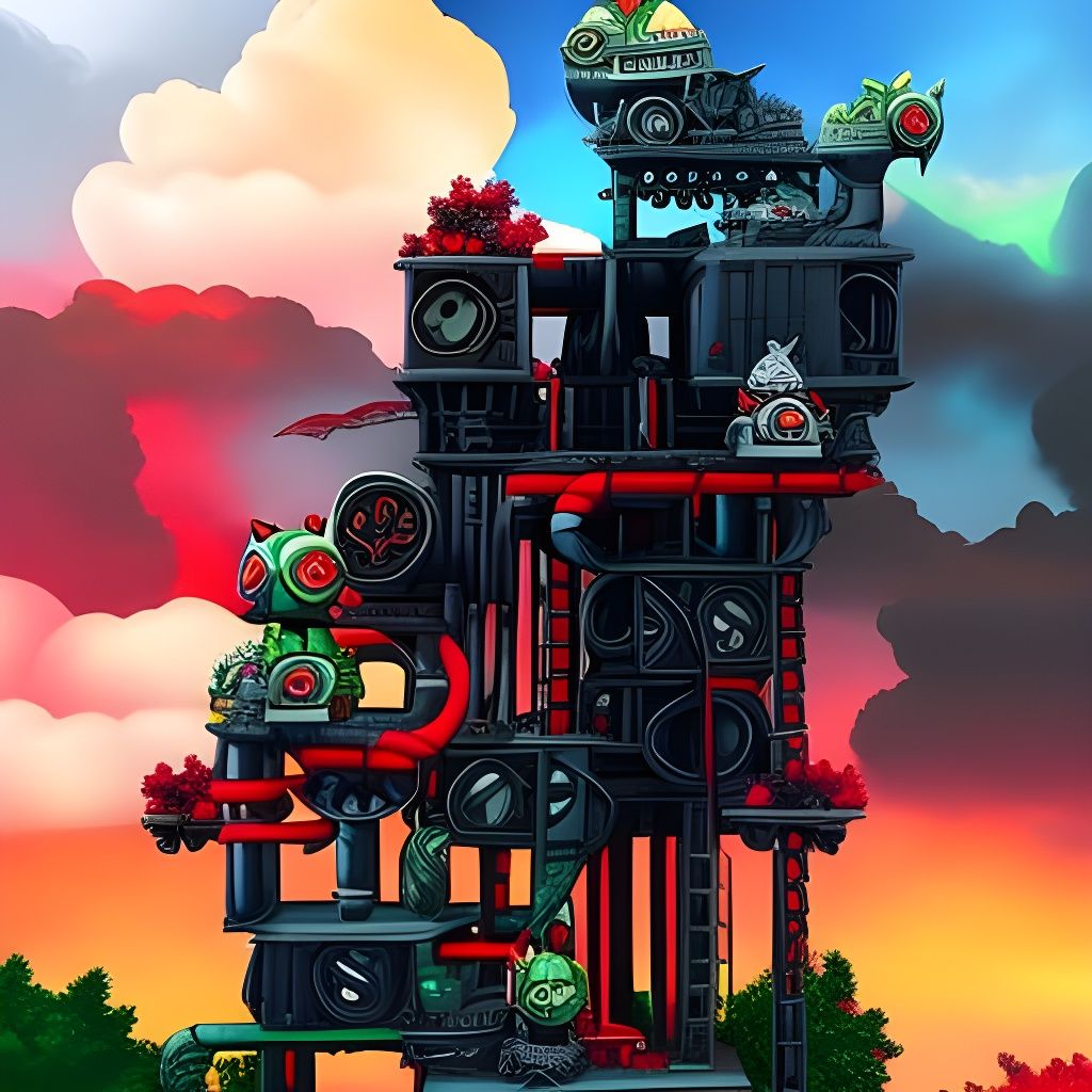 Mechanical Cats in Colorful Cloudy Sky