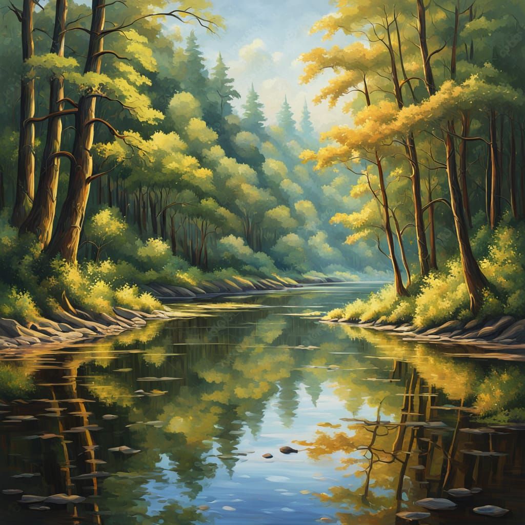 Serene Summer River Landscape in Vibrant Oil Painting Style