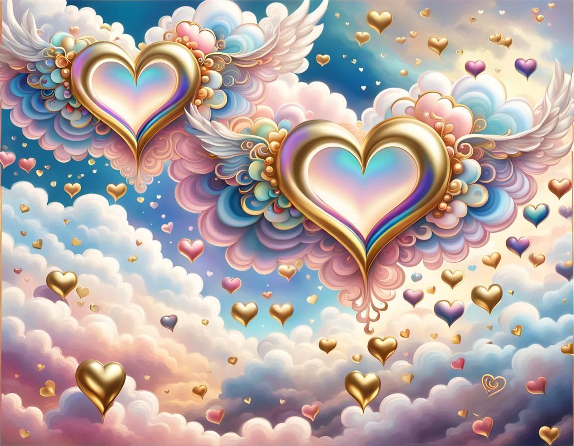 Pearl Winged Hearts Soar Amidst Swirling Clouds and Golden H...