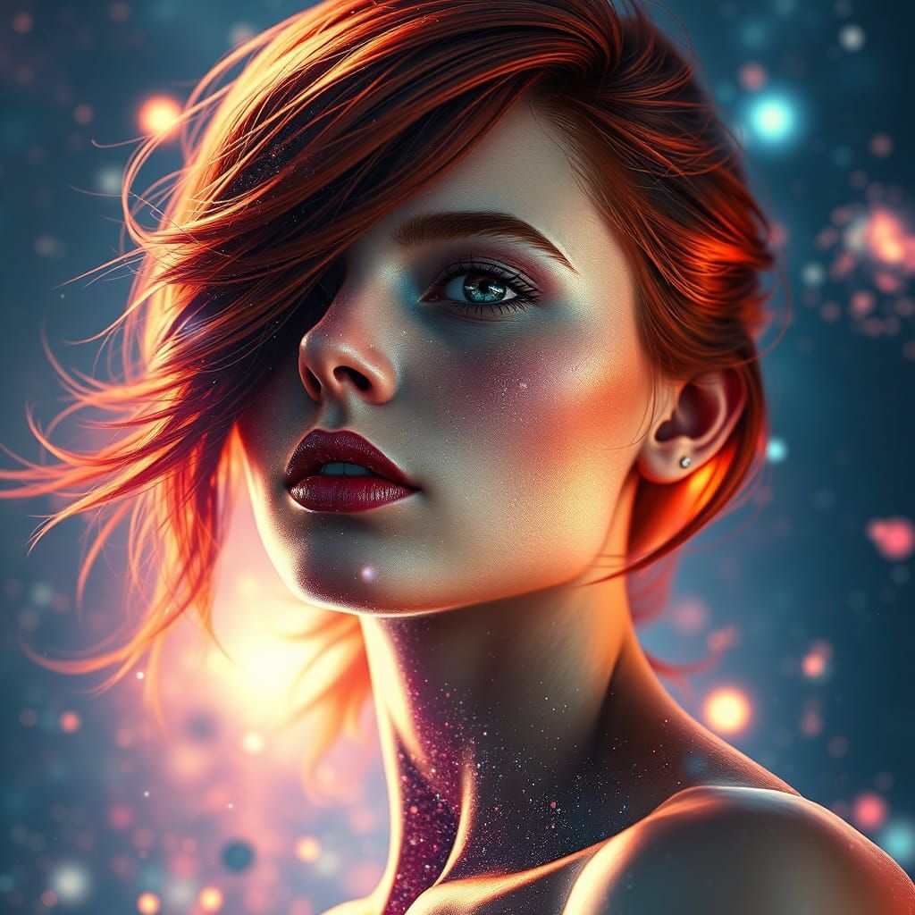 Redhead Woman Portrait with Galaxy Background