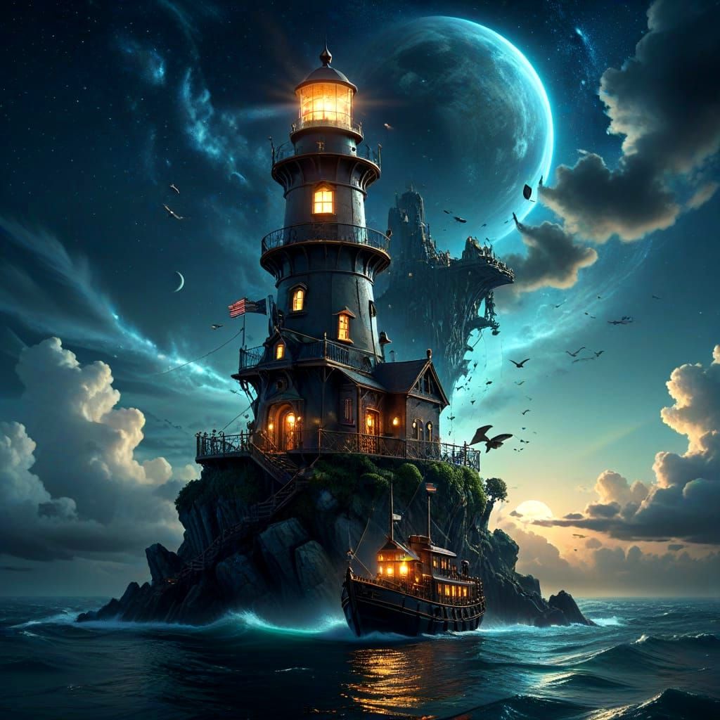 Steampunk Lighthouse on Floating Island at Night