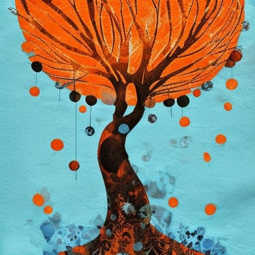 Colorful Orange Tree Collage in Boho Style