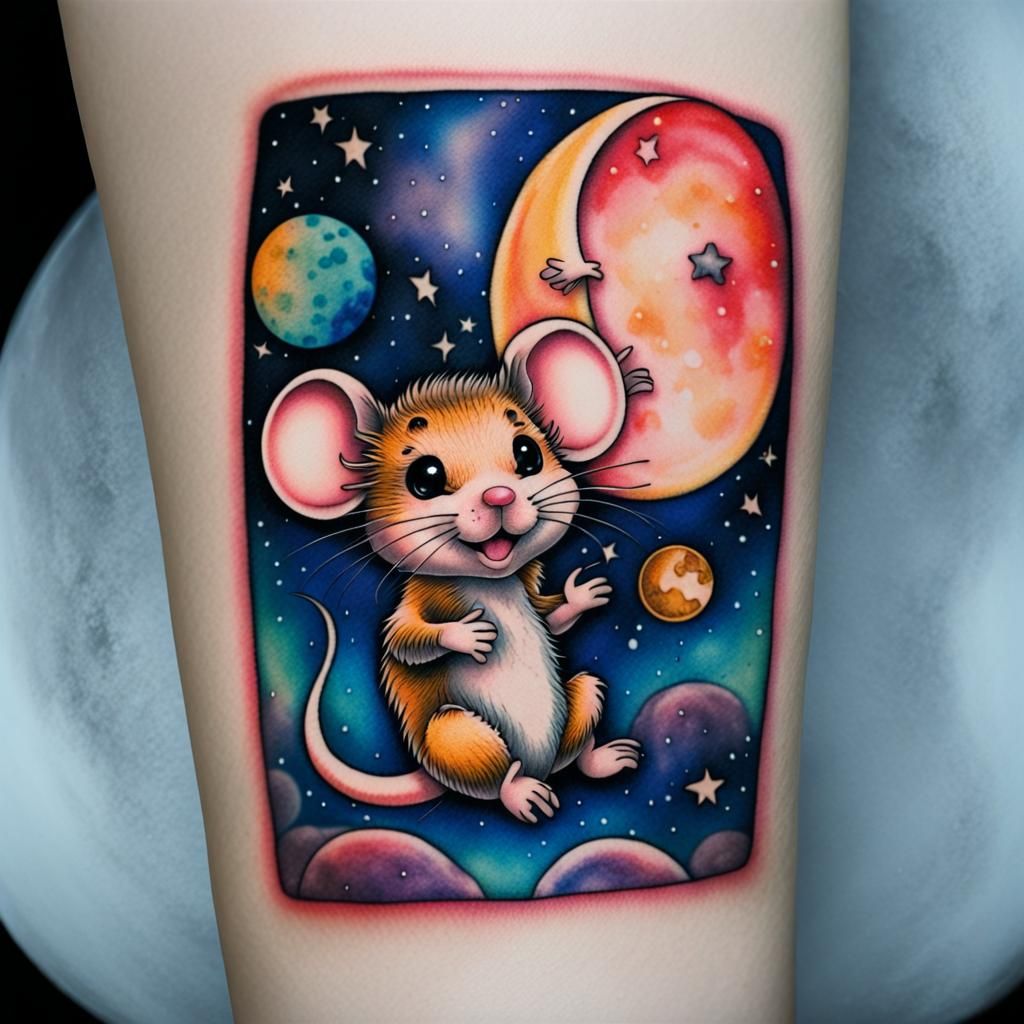 Chibi Mouse Tattoo Design on Moonlit Sky