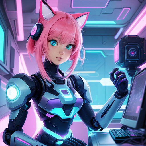 Cyberpunk Robot Cat Girl in Futuristic Style