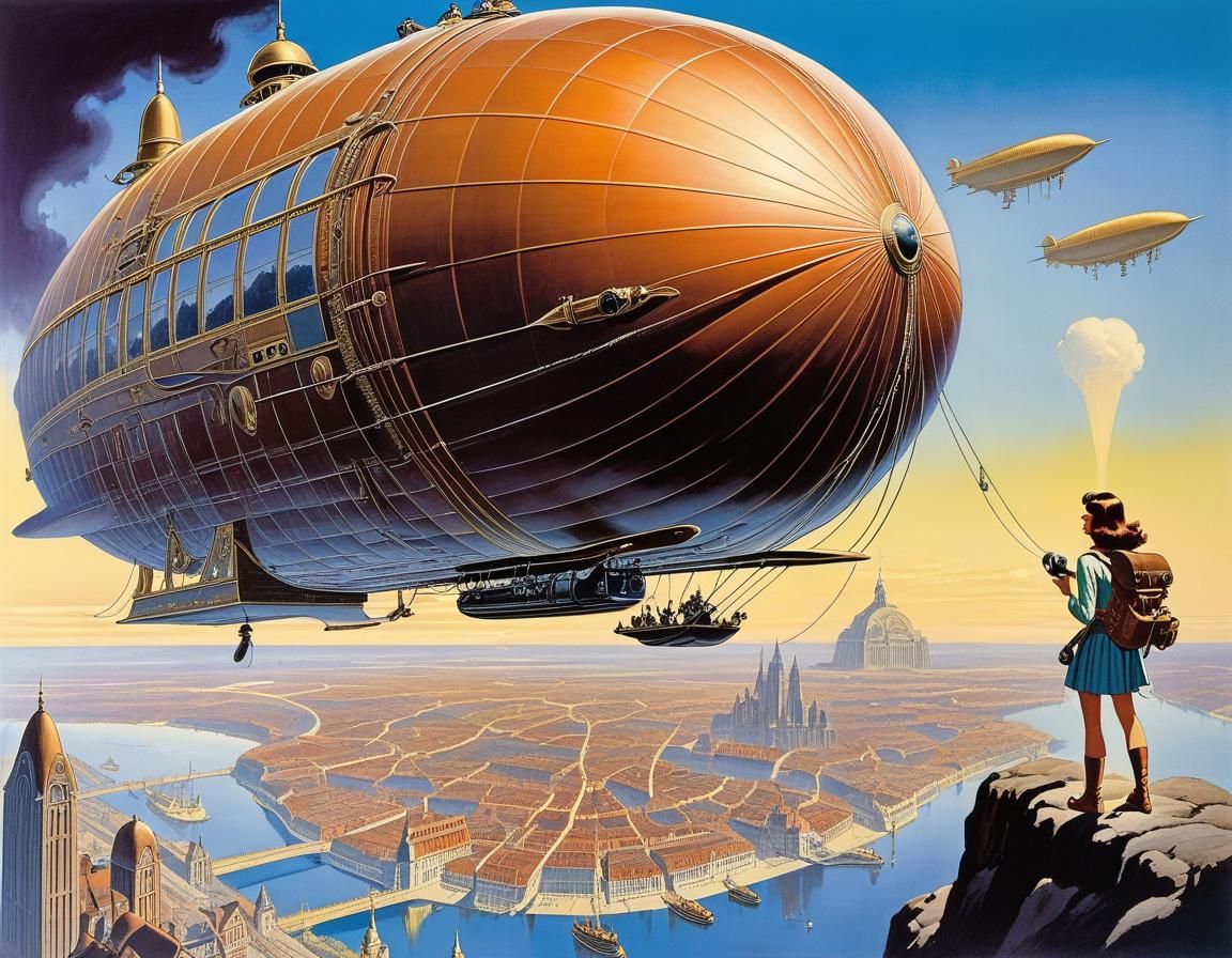 Woman Overlooking City with Airship, Illustration