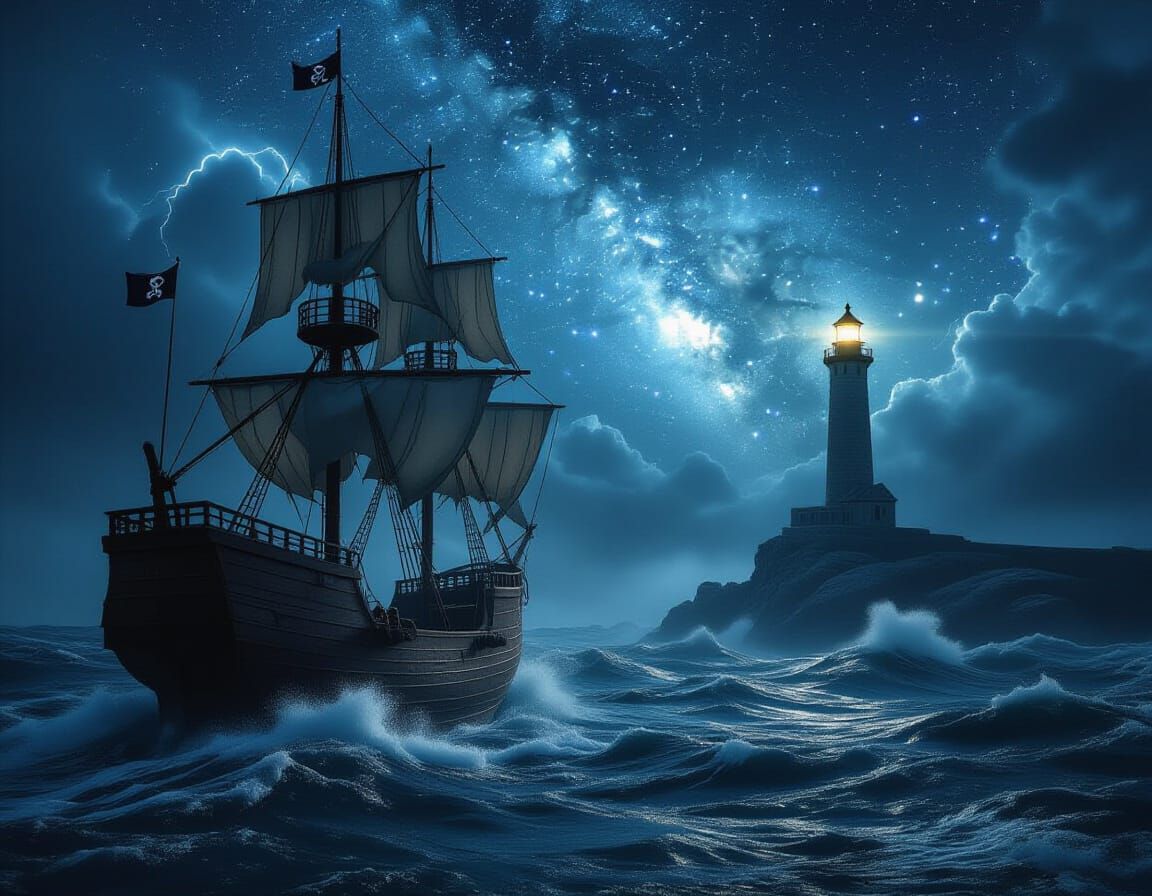 Pirate Ship in Stormy Seas Under Guiding Lighthouse