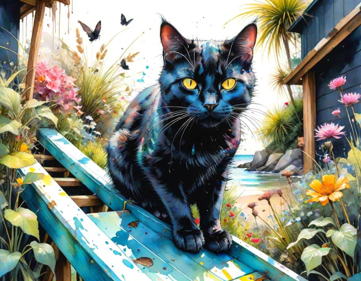 Black Cat in Seaside Garden Watercolor