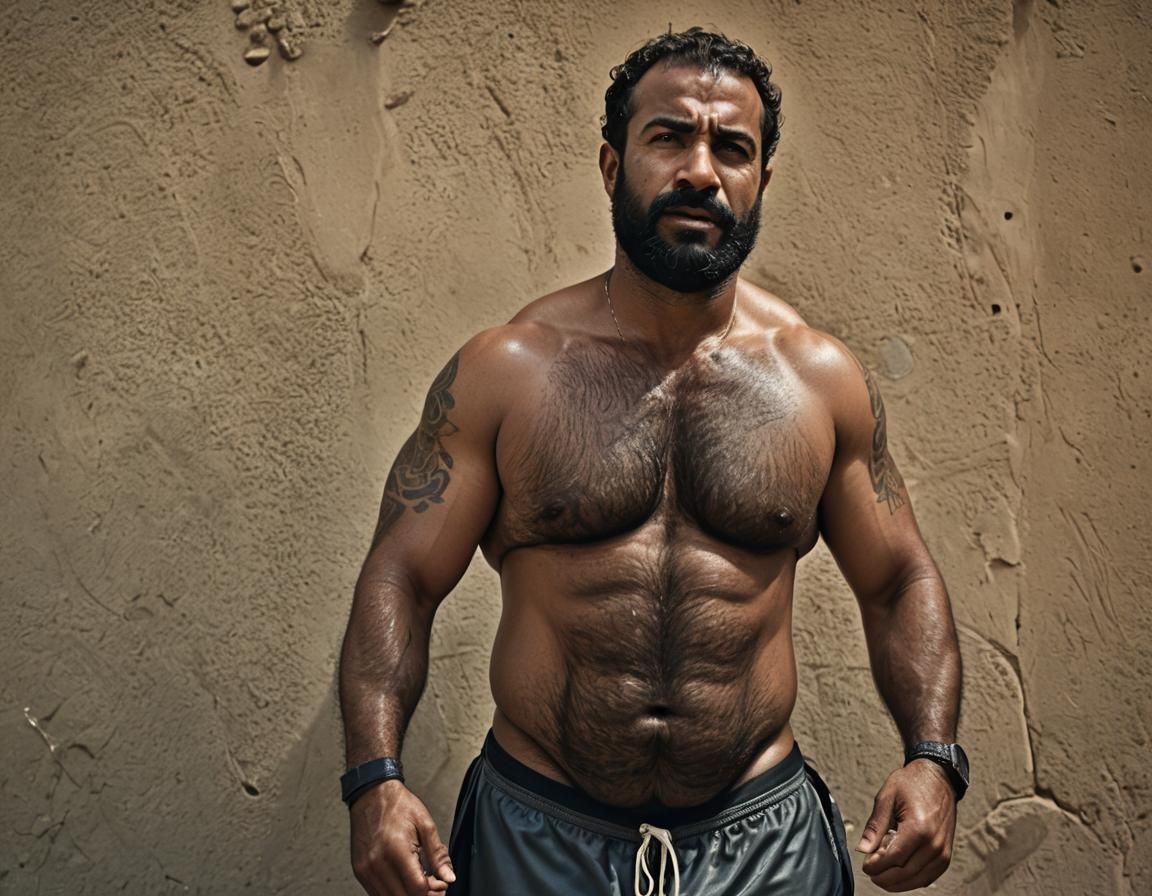 Cinematic Film Still of Middle Eastern Man Flexing