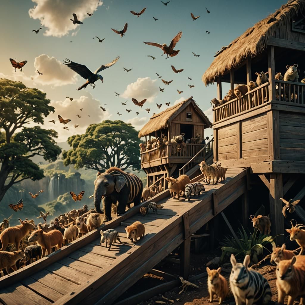 Noah's Ark: Animals Ascending in Cinematic Style