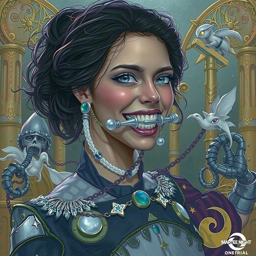 Woman Struggling to Speak Under Medieval Helmet