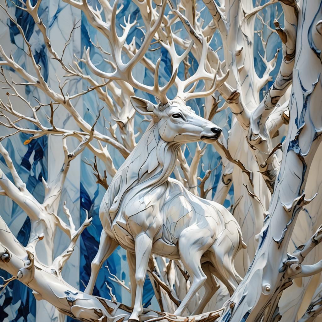 Marble Deer Sculpture in Fauvist Abstract Style