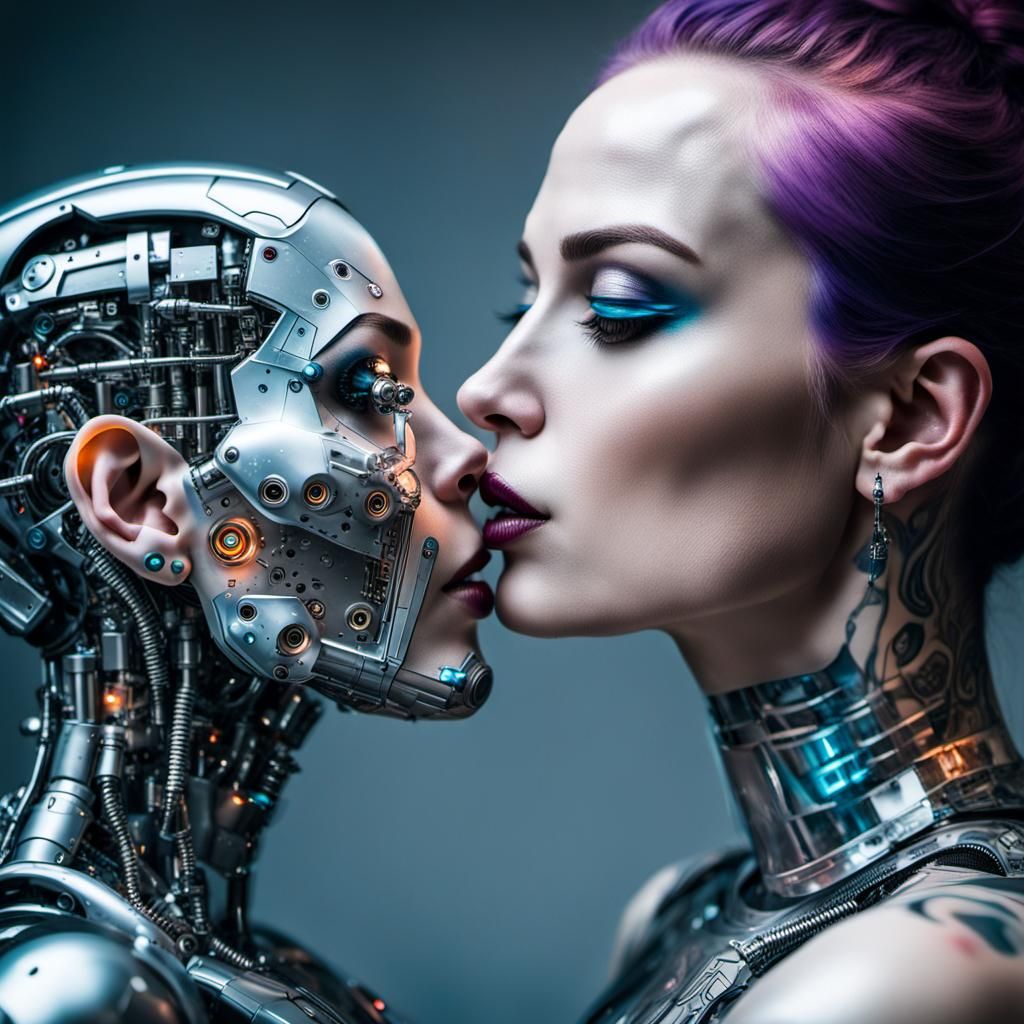 Woman Kisses Robot in Hyper-Realistic Cyberpunk Photo