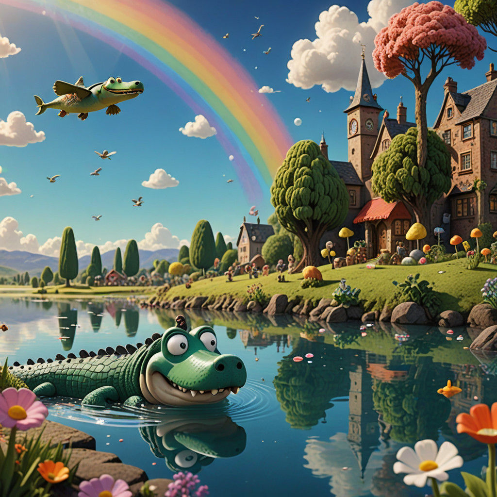 Whimsical Claymation Lake Scene with Menacing Alligator