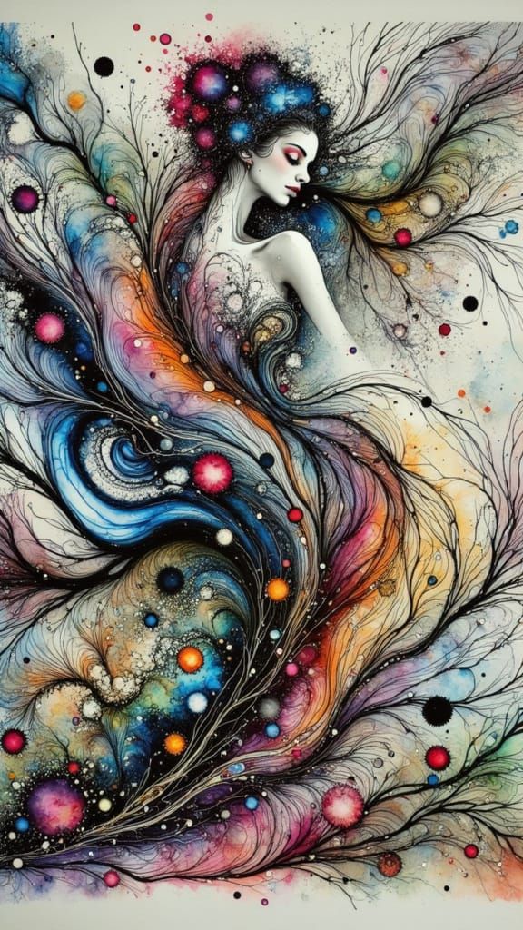Ethereal, dreamy woman, softly blending into a swirling, abs...