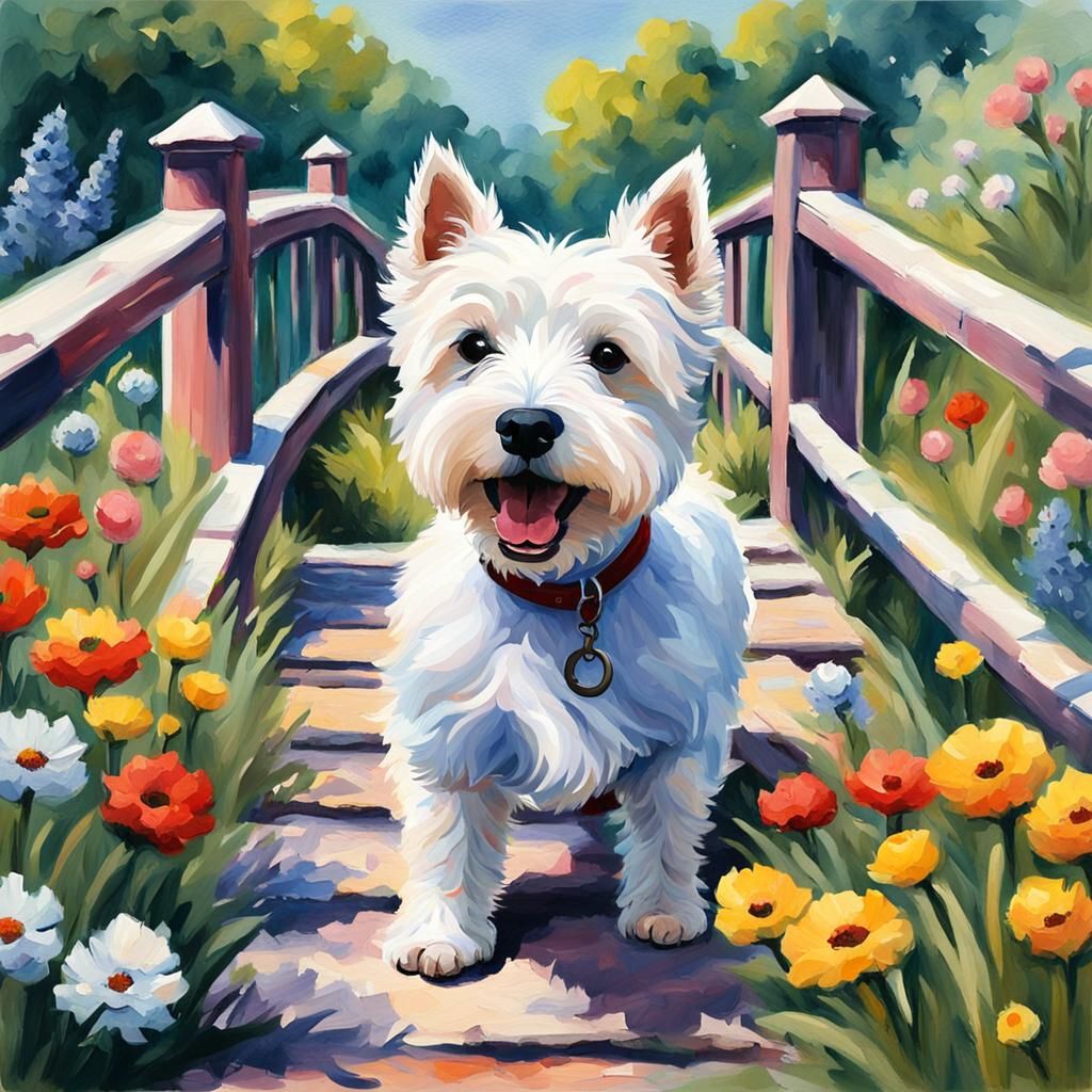 Happy Westie on Country Bridge in Gouache Style