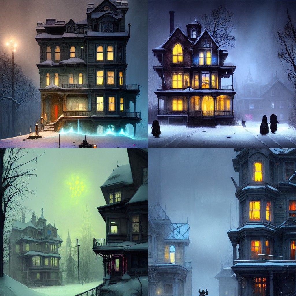 Atompunk Haunted House in Snowy Streetscape