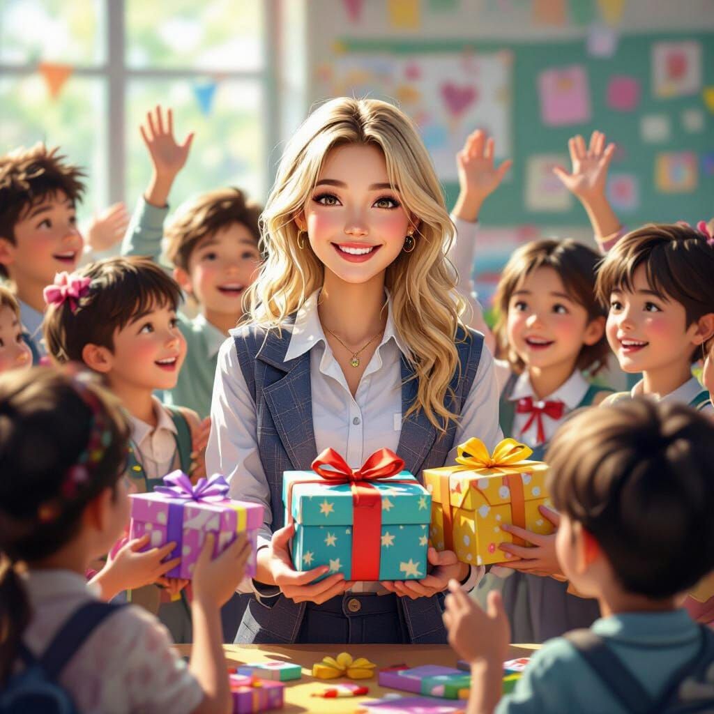 Teacher Receives Gifts in Hyperrealistic Anime Style