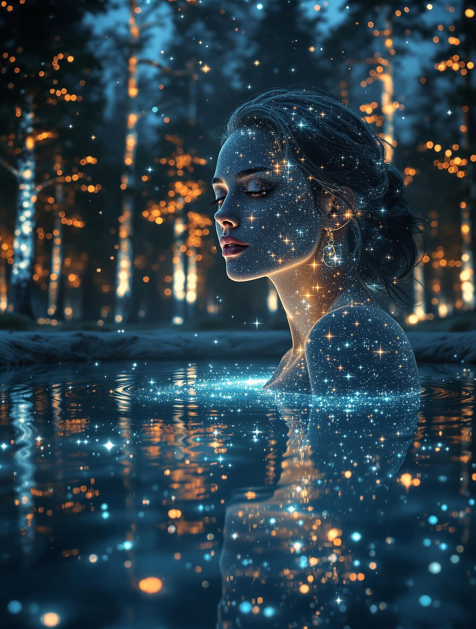 Starlit Pool Galaxy Reflection in Fractal Style