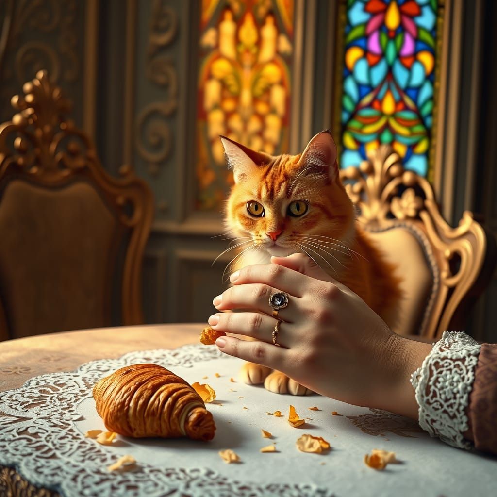 Ginger Cat Watches Human Enjoy Croissant in Whimsical Fantas...