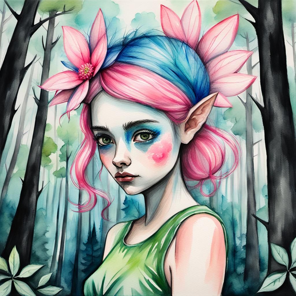 Blue Pixie in Forest: Watercolor Charcoal Pyrography