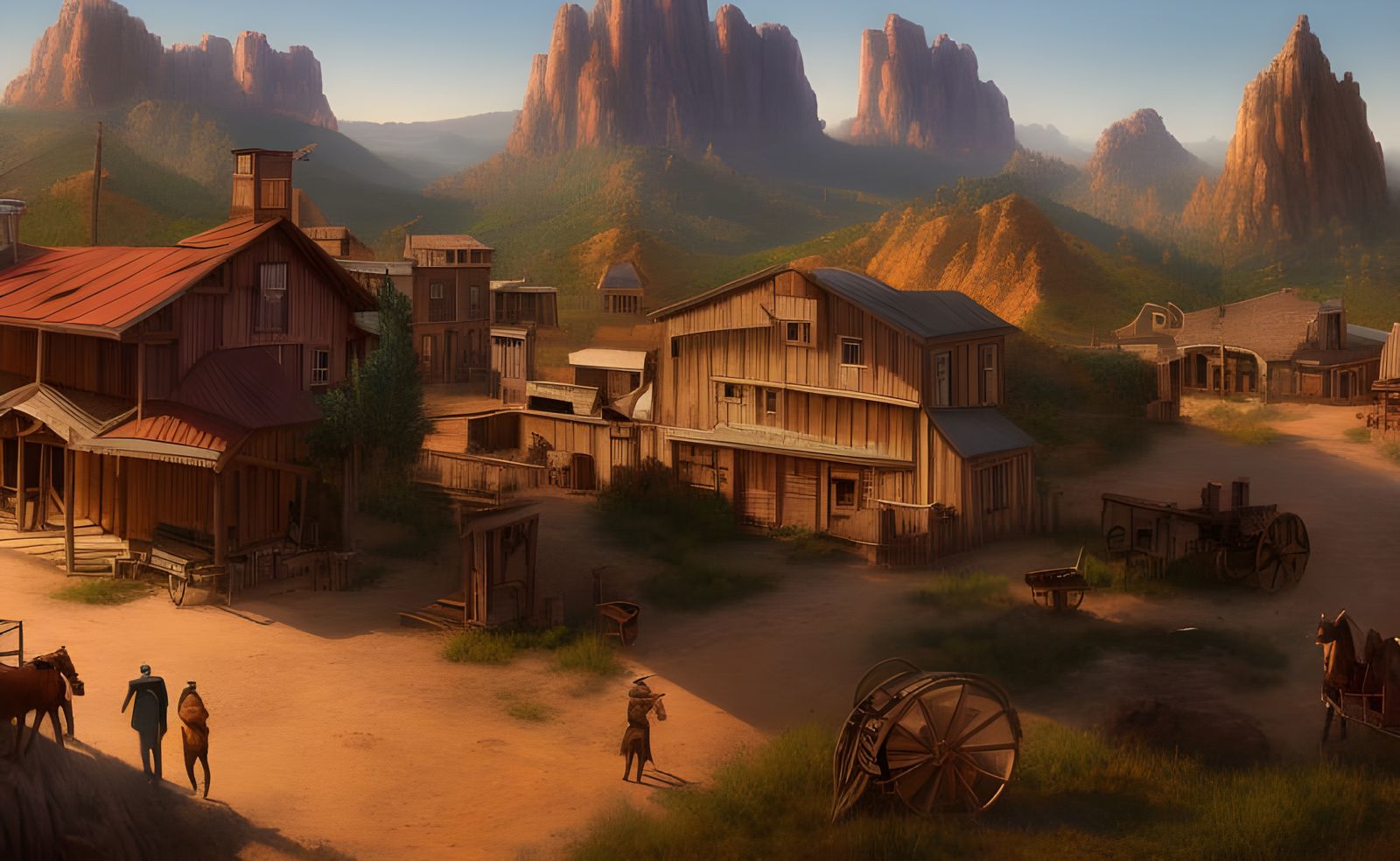 Detailed Wild West Town at Sunrise: Digital Art