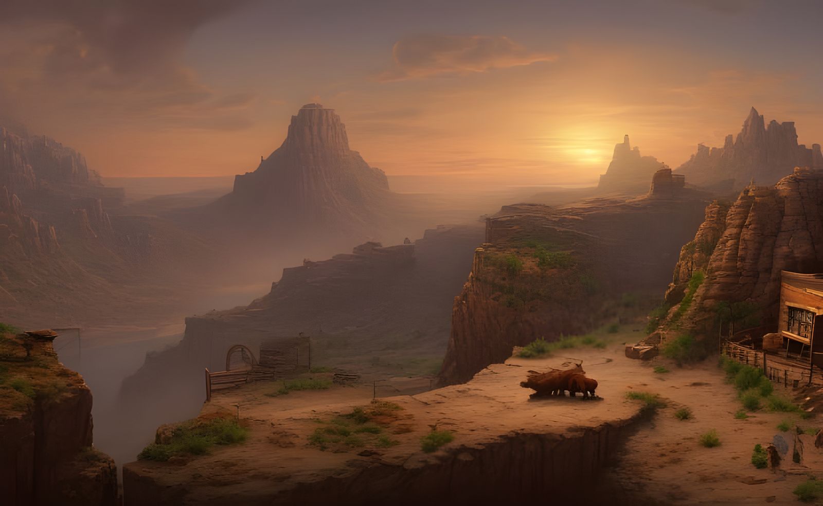 Detailed Wild West Town at Sunrise: Digital Art