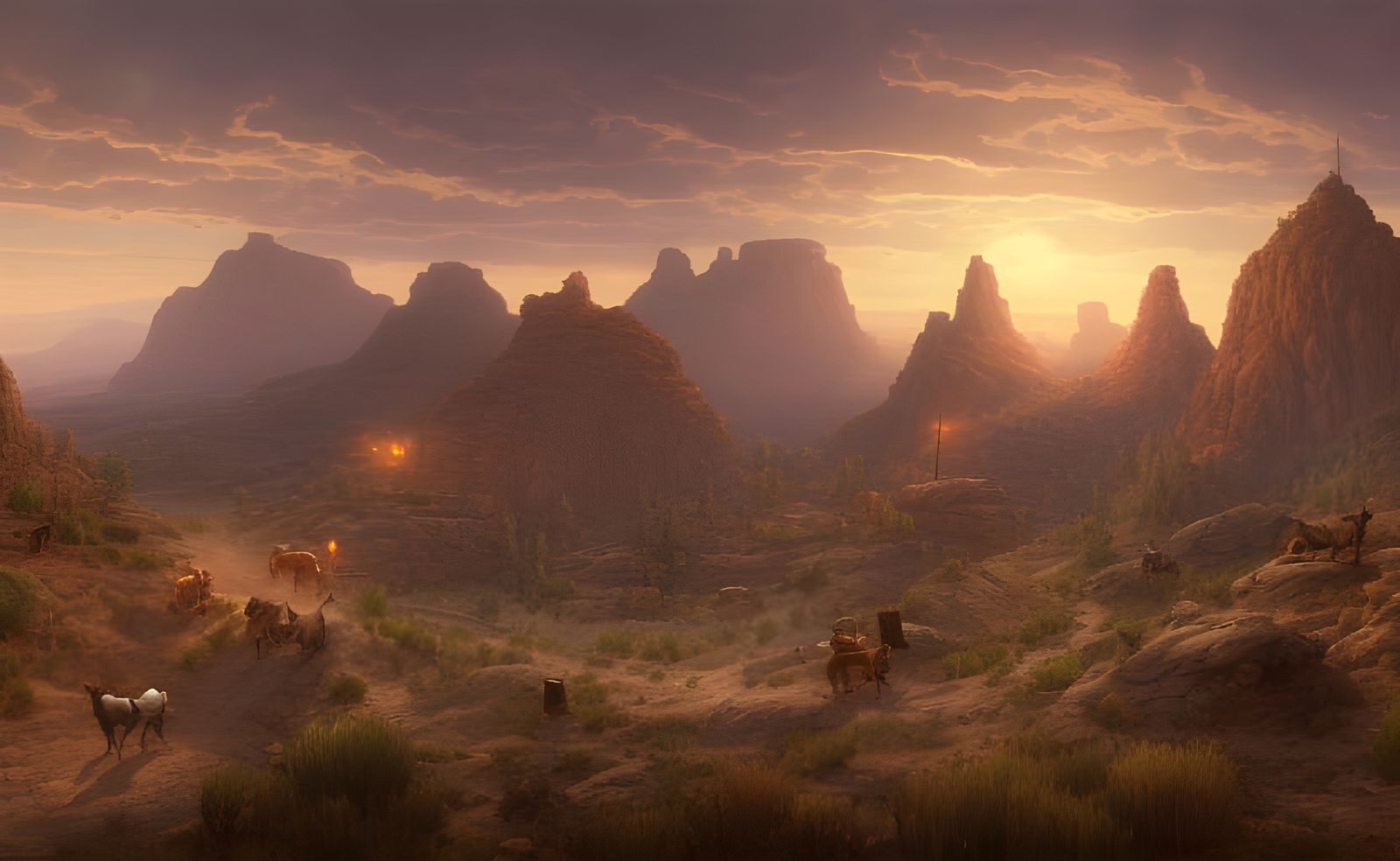Detailed Wild West Town at Sunrise in Digital Art