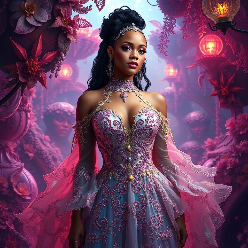 Surreal Goddess in Iridescent Gown, Enchanted Fantasy Realm