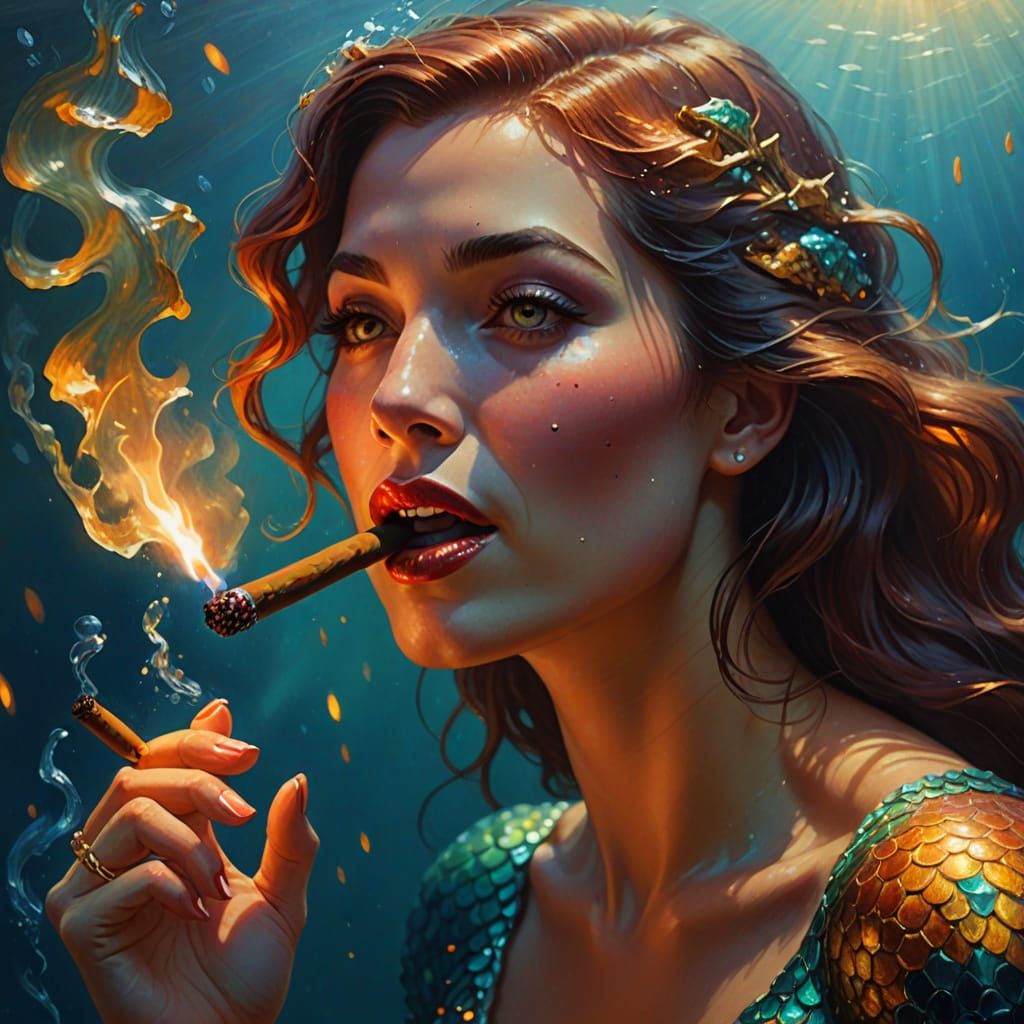 Surreal Mermaid Smoking Cigar: A Vibrant Oil Painting