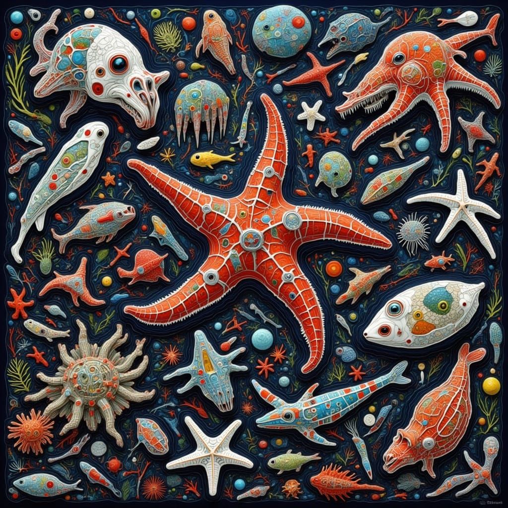 Surreal Starfish in a Cyberpunk Ocean Scene