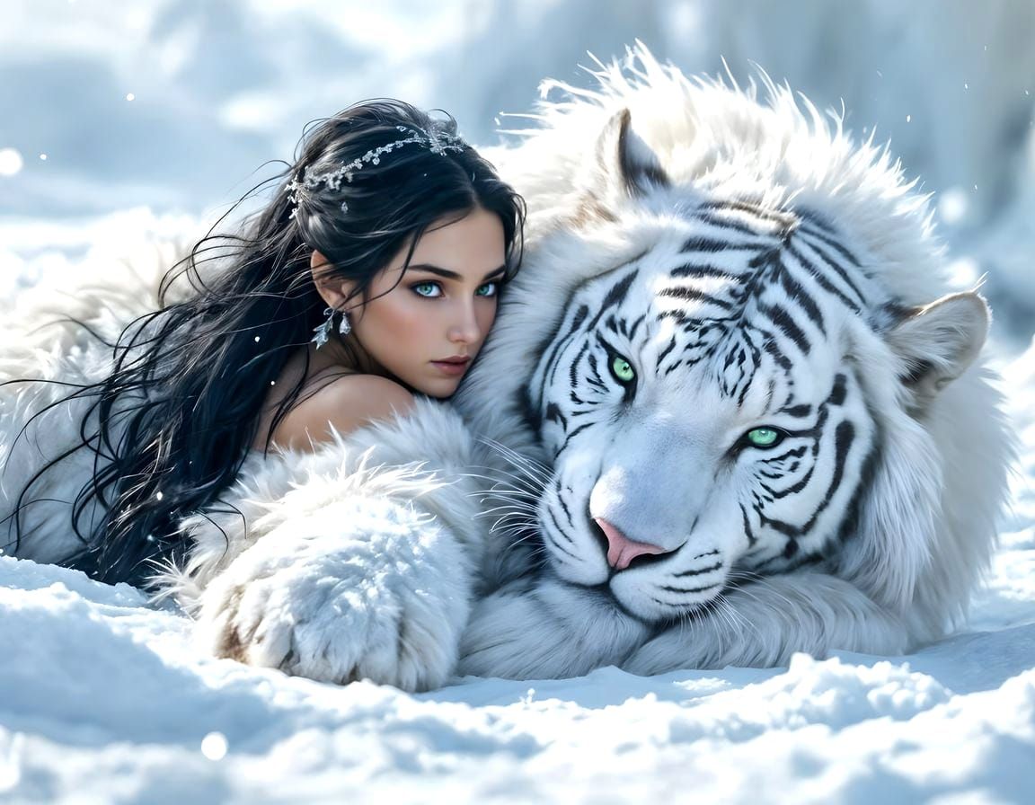 Ethereal Elf Maiden and Majestic White Tiger in Snowy Landsc...