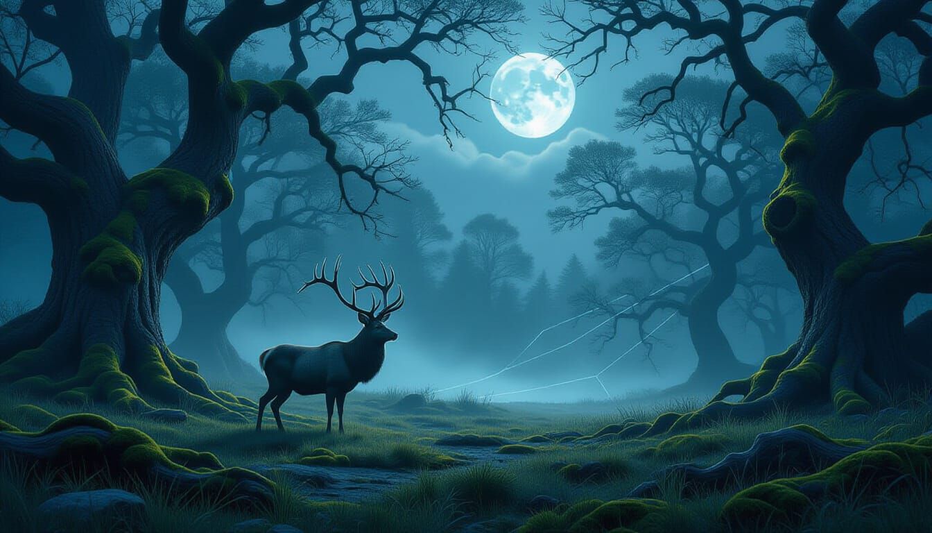 Majestic Stag in Ethereal Moonlit Forest