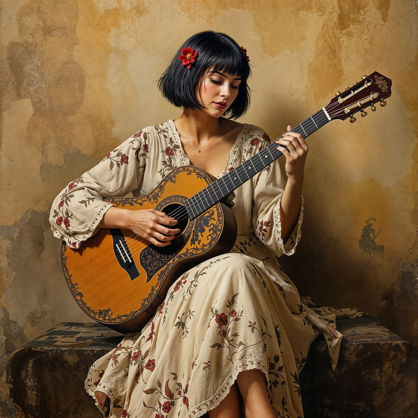 Impressionist Bohemian Woman Plays Guitar Amidst Textured Co...