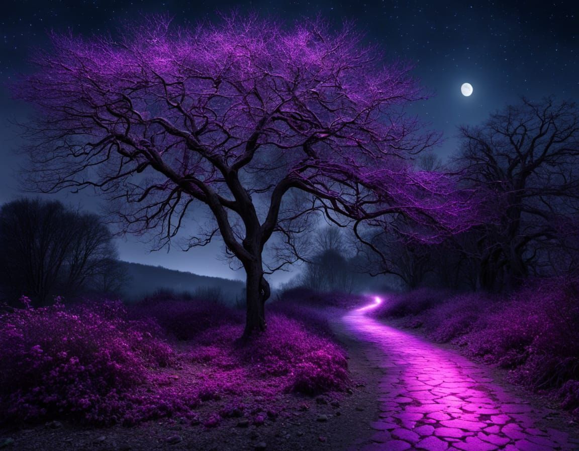 Moonlit Pathway Under Purple and Pink Lights