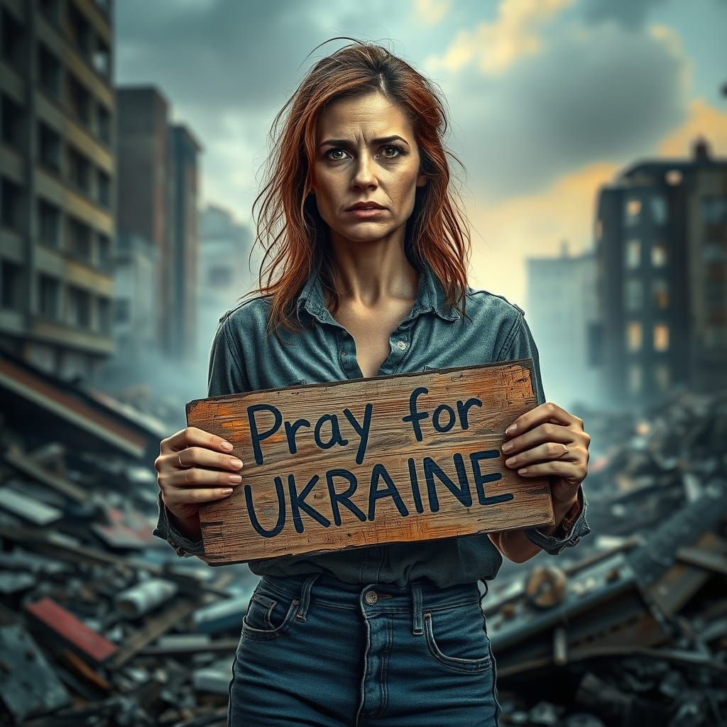Distressed Woman in War-Torn Cityscape, Holding a Faded Sign...