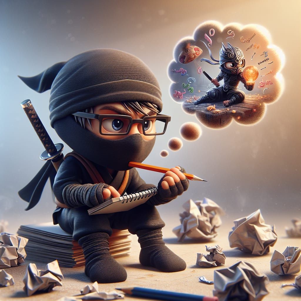 Chibi Ninja Brainstorming in Hyperrealistic Style
