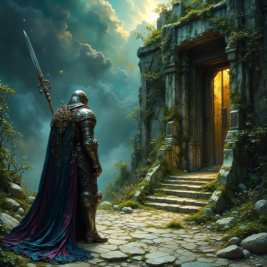 Knight Guards Ancient Temple Statue in Moonlight