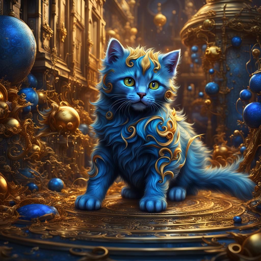Laughing Kitten in Prussian Blue and Gold