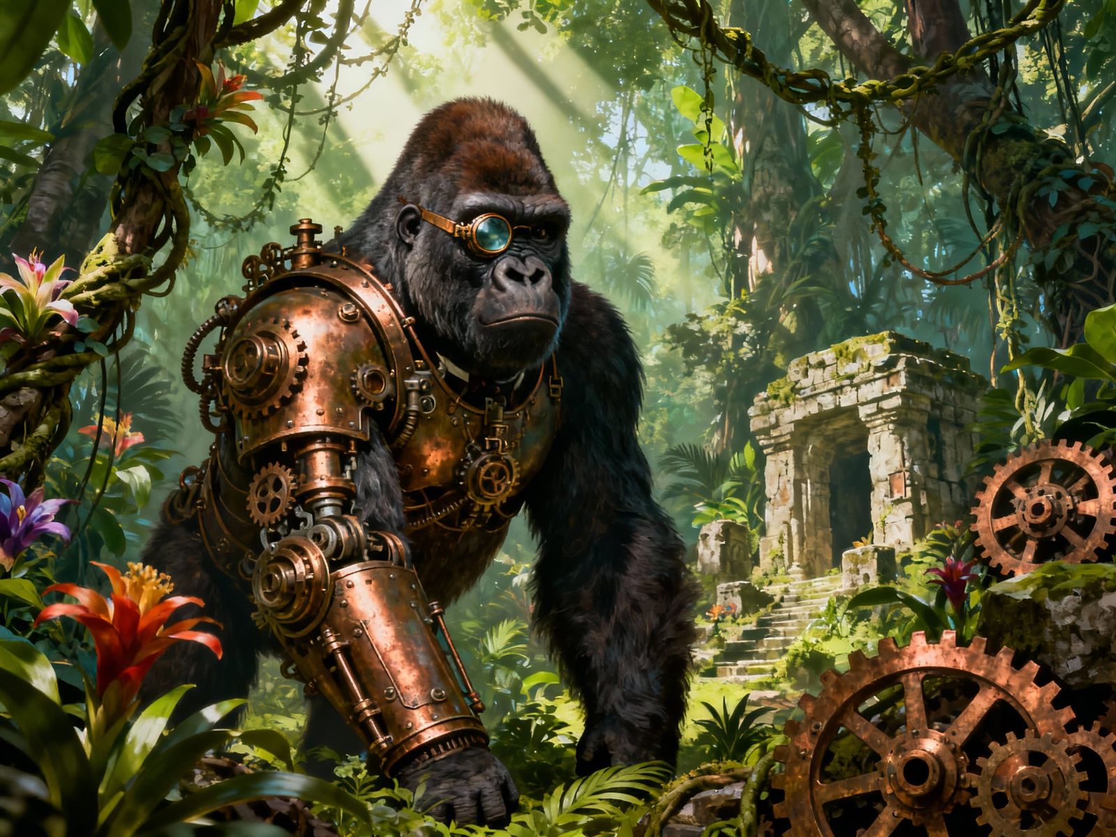 Steampunk Gorilla in Jungle With Mechanical Wonders