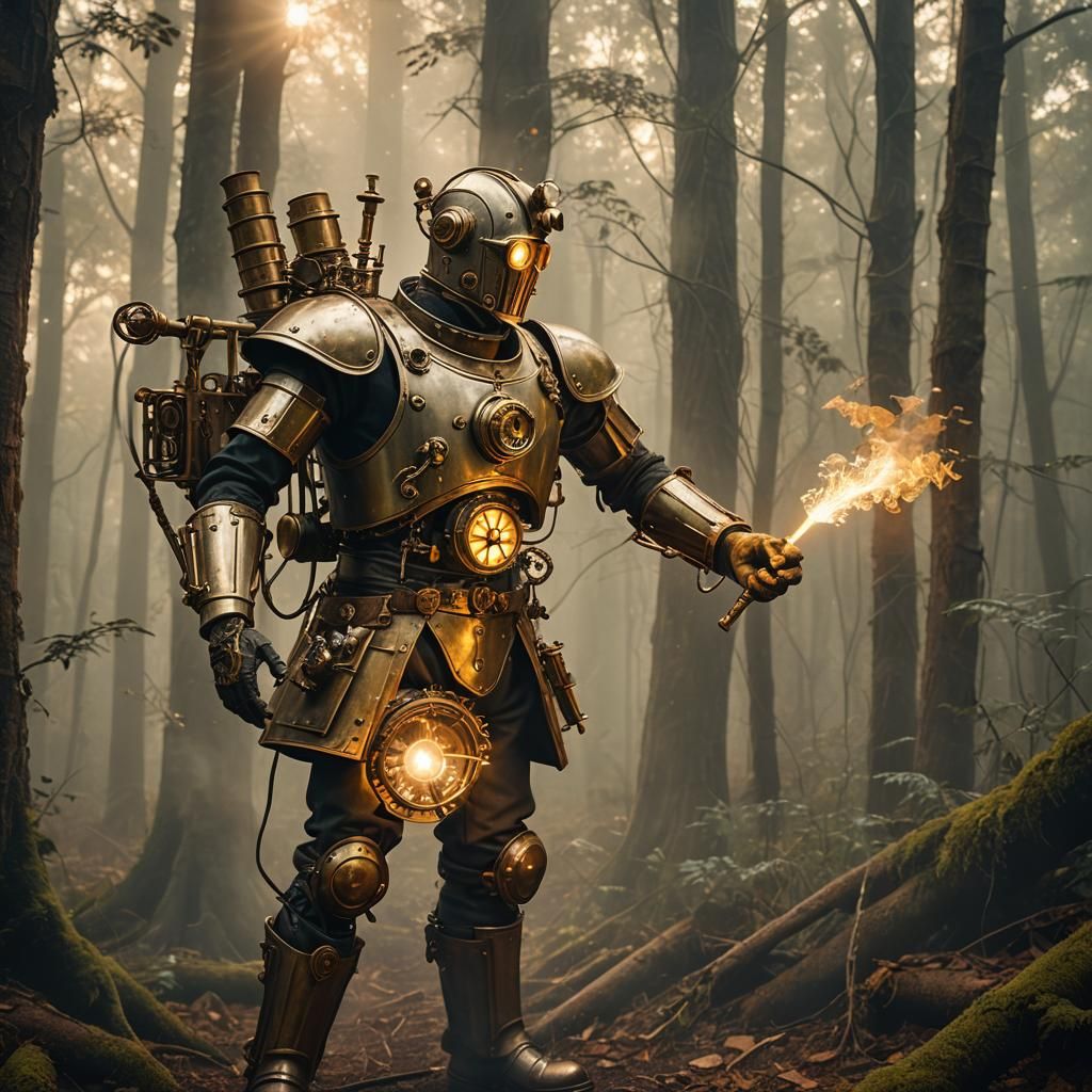 Steampunk Tin Woodsman Performs Magic in Misty Forest