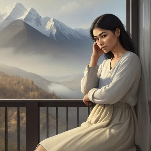 Contemplative Figure Gazing at Mountain in Impressionistic S...