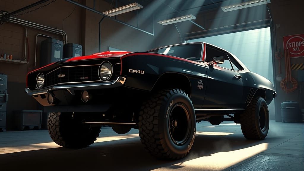 1969 Camaro Roaring Out of Garage in Black and Red